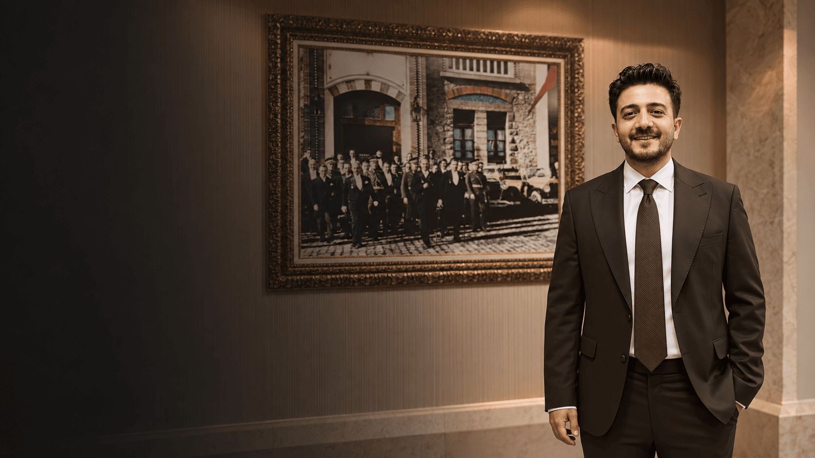 Avukat Alper Zeyrek, ofisinde takım elbiseyle ayakta